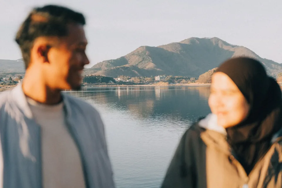 Artistic portrait of a couple by the lake